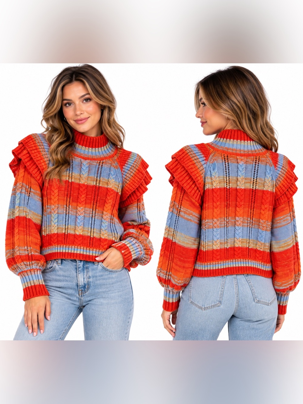 Something Navy Ruffle Mock Neck Sweater Striped Wool Blend Sweater Size Medium
